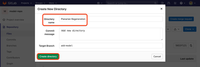 Screenshot of the model repository webpage on GitLab with the ‘Directory name’ field and the ‘Create directory’ button highlighted