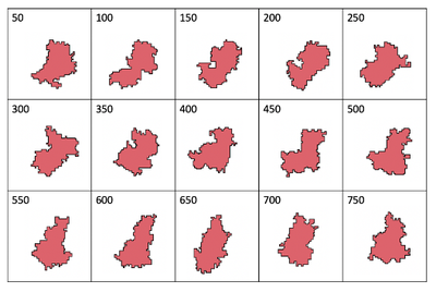 A time sequence showing the shape of a CPM cell every $50$ time steps.