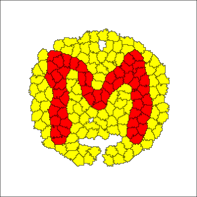 Snapshot at time=100, color code as described for previous figure.